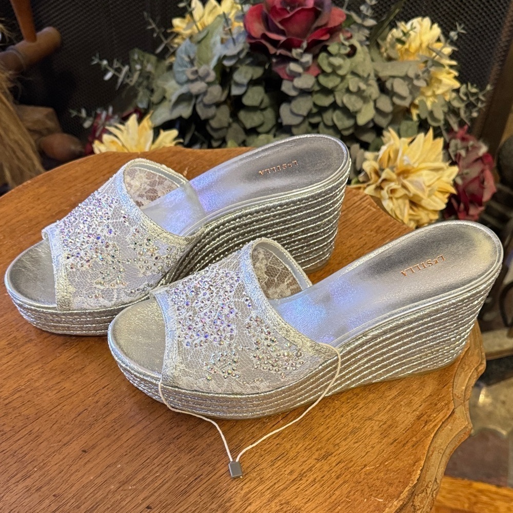 NWT Elegant LeSilla Silver with AB Crystals Women's Wedge Platform Sandals - Picture 5 of 15